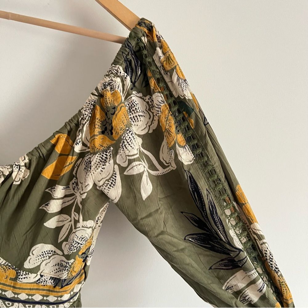 Angie Boho Floral Maxi Dress Olive Green Puff Sleeve Cottagecore Size Large - Picture 9 of 11